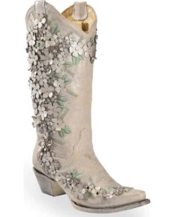 Corral Women's Floral Overlay Embroidered Stud And Crystals Western Boots - Snip Toe