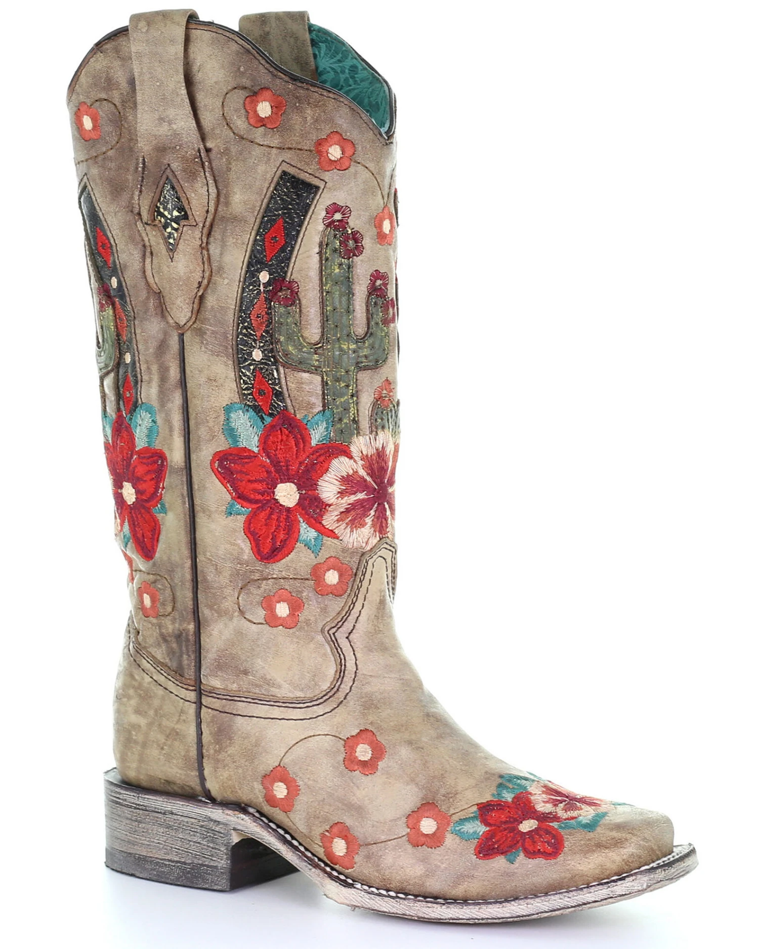 Corral Women's Cactus Floral Embroidery Overlay Western Boots - Square Toe 3 Corral Women's Cactus Floral Embroidery Overlay Western Boots - Square Toe