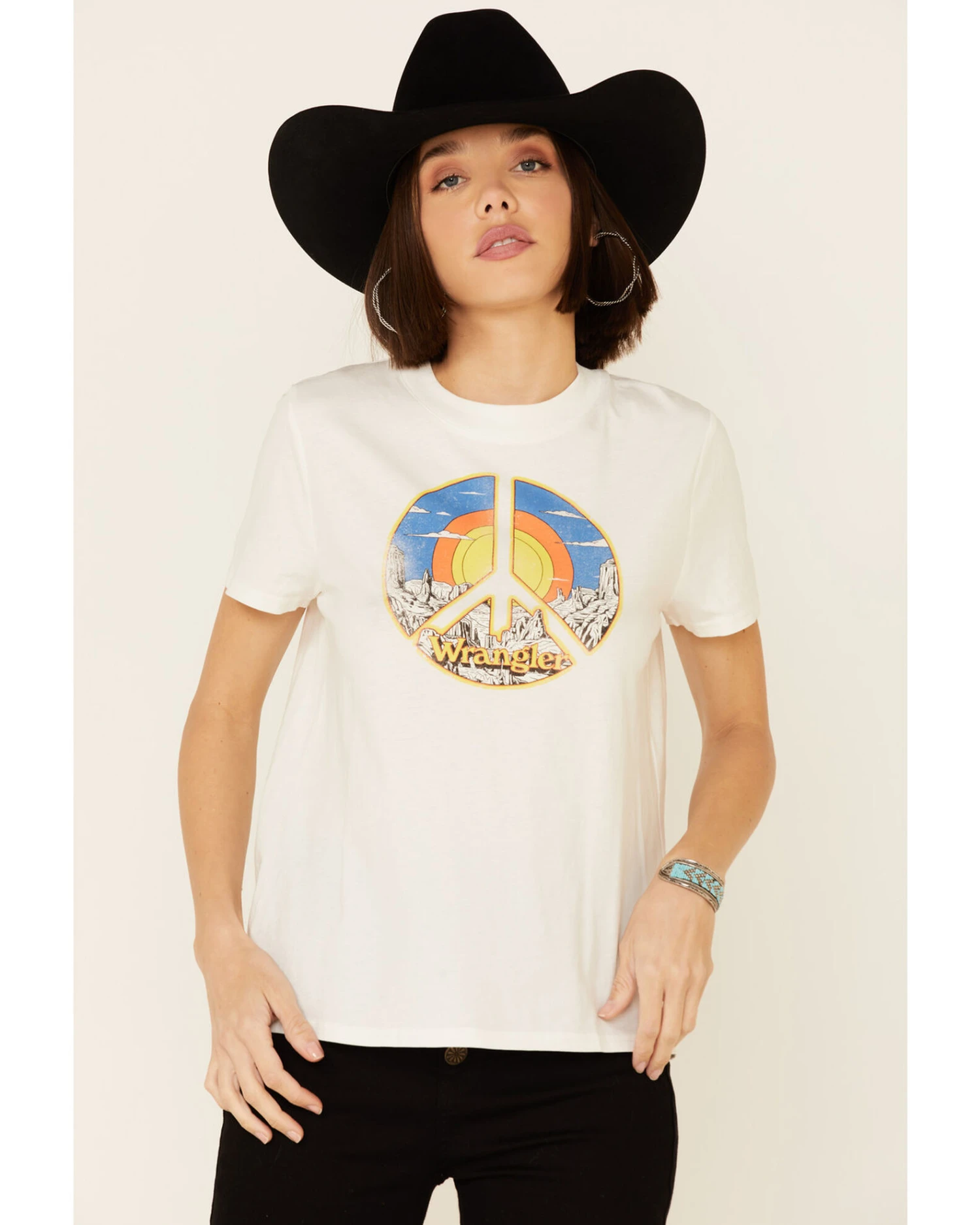 Wrangler Modern Women's Vintage Peace Sign Logo Graphic Tee 3 Wrangler Modern Women's Vintage Peace Sign Logo Graphic Tee