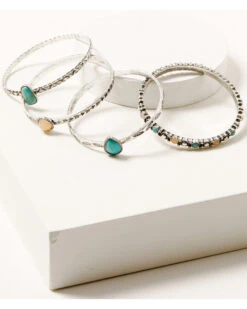 Shyanne Women's 4-piece Silver Turquoise & Peach Moonstone Bangle Bracelet Set