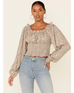 Beyond The Radar Women's Ditsy Smocked Long Sleeve Peasant Crop Top