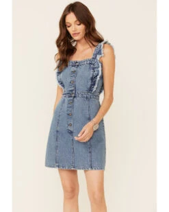 Revel Women's Fray Edge Ruffled Denim Dress