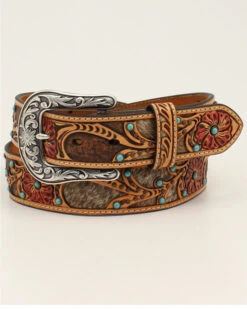 M & F Western Women's Tan Floral Calf Hair Underlay Leather Belt