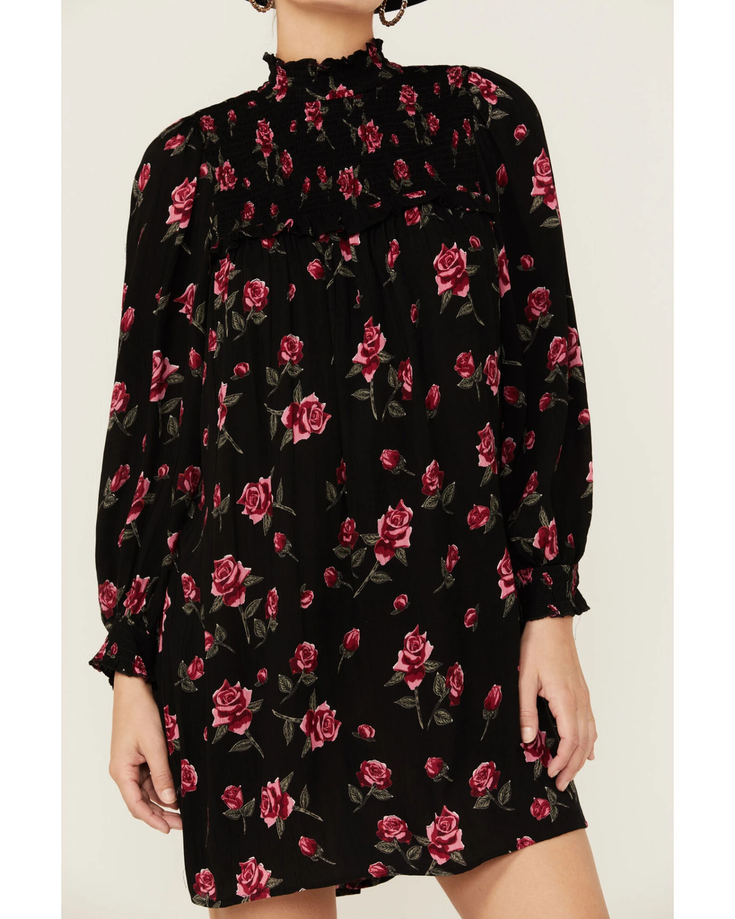 Angie Women's Navy Long Sleeve Smocked Floral Border Mini Dress 4 Angie Women's Navy Long Sleeve Smocked Floral Border Mini Dress - Image 2