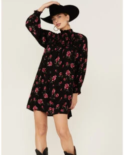 Angie Women's Navy Long Sleeve Smocked Floral Border Mini Dress 9 Angie Women's Navy Long Sleeve Smocked Floral Border Mini Dress -Twisted X Sales 2000365405 410 P4