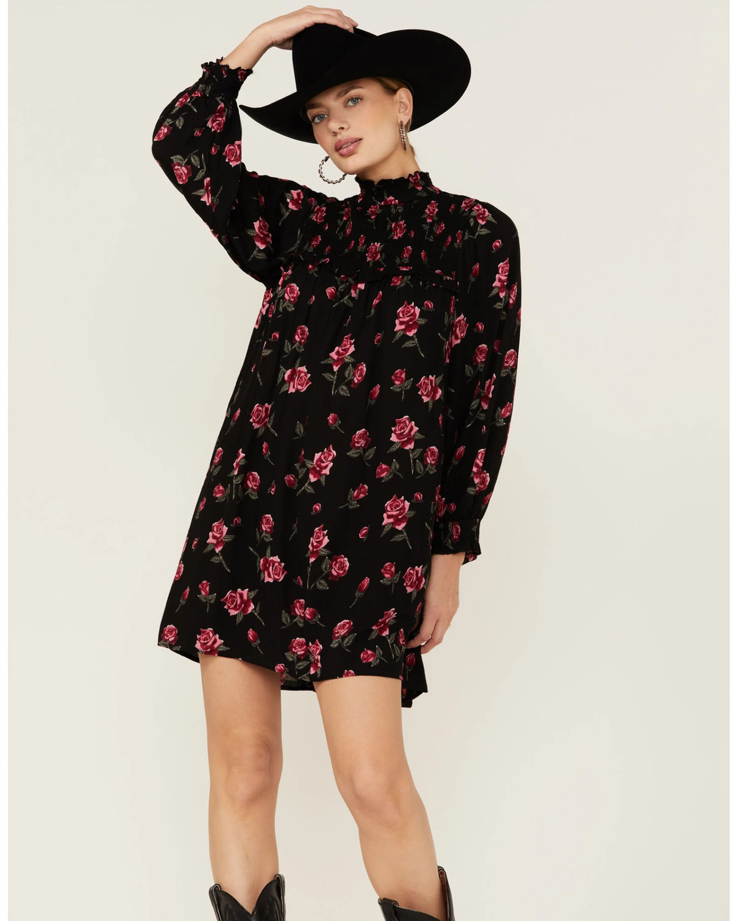 Angie Women's Navy Long Sleeve Smocked Floral Border Mini Dress 6 Angie Women's Navy Long Sleeve Smocked Floral Border Mini Dress - Image 4