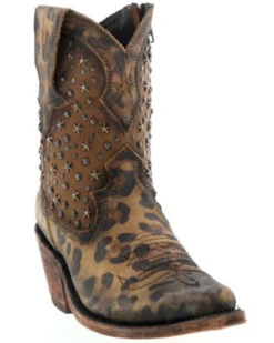 Caborca Silver By Liberty Black Women's Leopard Print Studded Short Western Boots - Pointed Toe