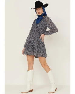 Lush Women's Floral Long Sleeve Smocked Mini Dress