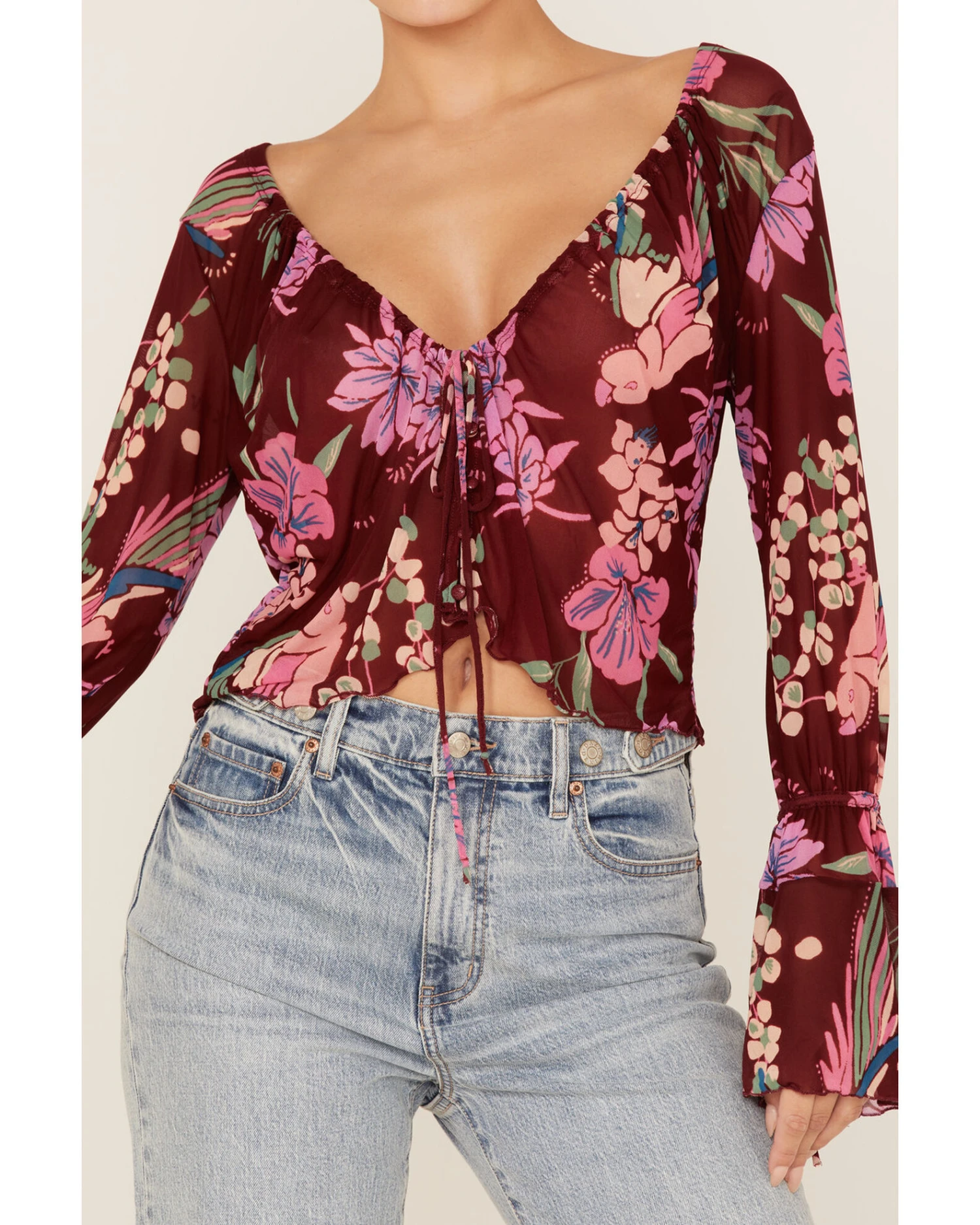 Free People Women's Floral Print Of Paradise Tie Front Crop Top 5 Free People Women's Floral Print Of Paradise Tie Front Crop Top - Image 3