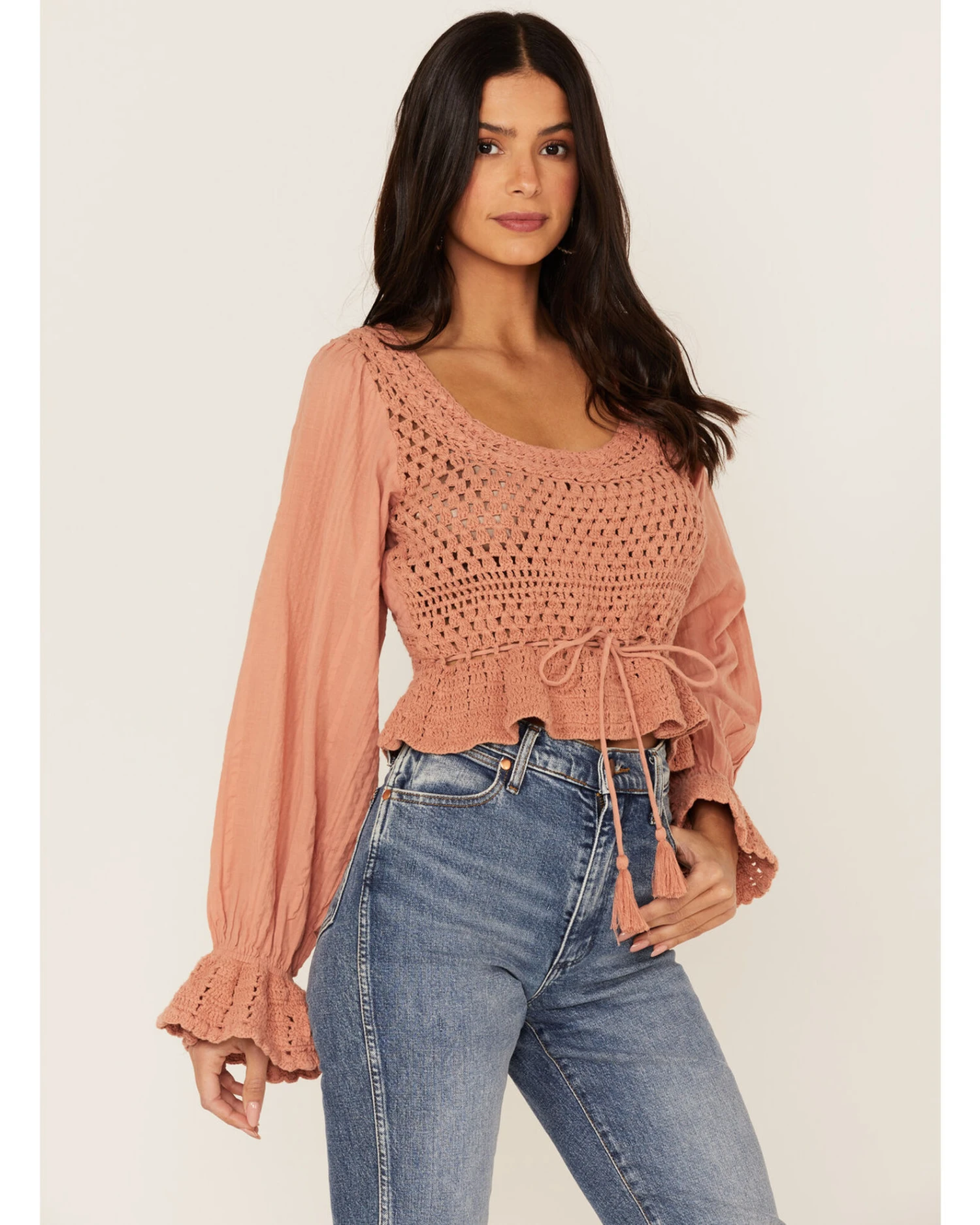 Free People Women's Megan Crochet Knit Peplum Puff Sleeve Top 3 Free People Women's Megan Crochet Knit Peplum Puff Sleeve Top
