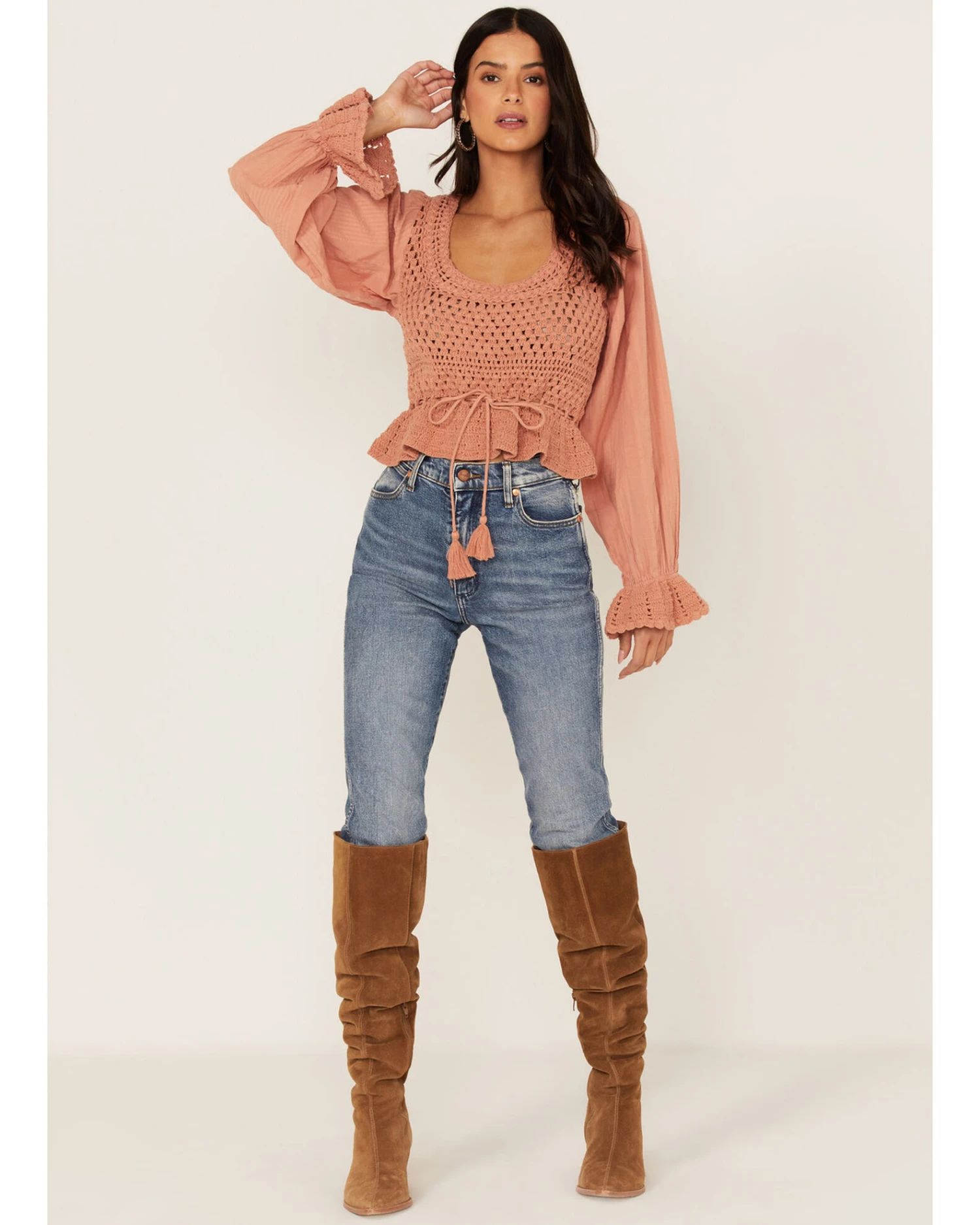 Free People Women's Megan Crochet Knit Peplum Puff Sleeve Top 4 Free People Women's Megan Crochet Knit Peplum Puff Sleeve Top - Image 2