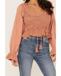 Free People Women's Megan Crochet Knit Peplum Puff Sleeve Top 8 Free People Women's Megan Crochet Knit Peplum Puff Sleeve Top -Twisted X Sales 2000374746 103 P3