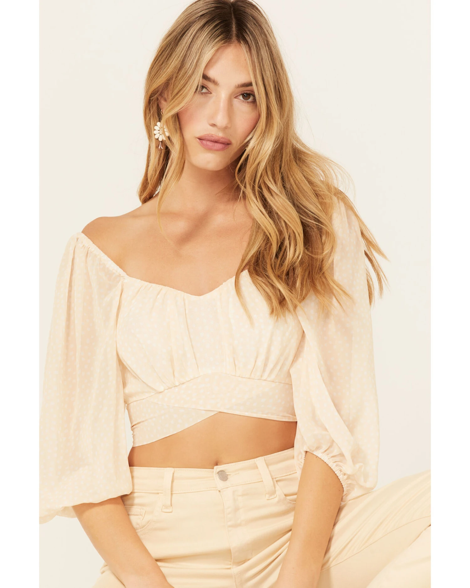 Beyond The Radar Women's Sheer Dot Puff Sleeve Crop Top 3 Beyond The Radar Women's Sheer Dot Puff Sleeve Crop Top