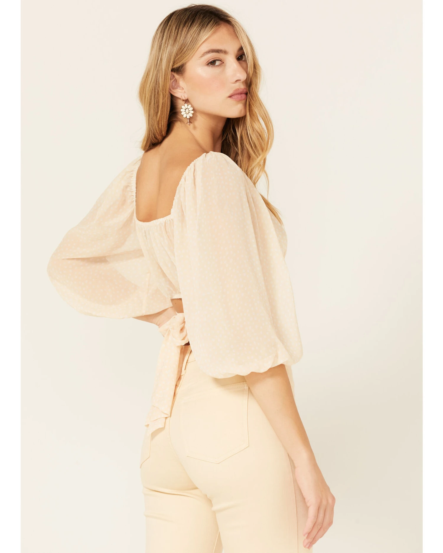 Beyond The Radar Women's Sheer Dot Puff Sleeve Crop Top 6 Beyond The Radar Women's Sheer Dot Puff Sleeve Crop Top - Image 4