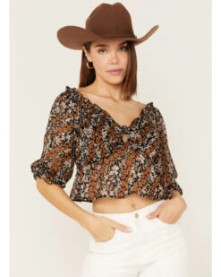 Wild Moss Women's Floral Print Tie-Front Peplum Crop Top