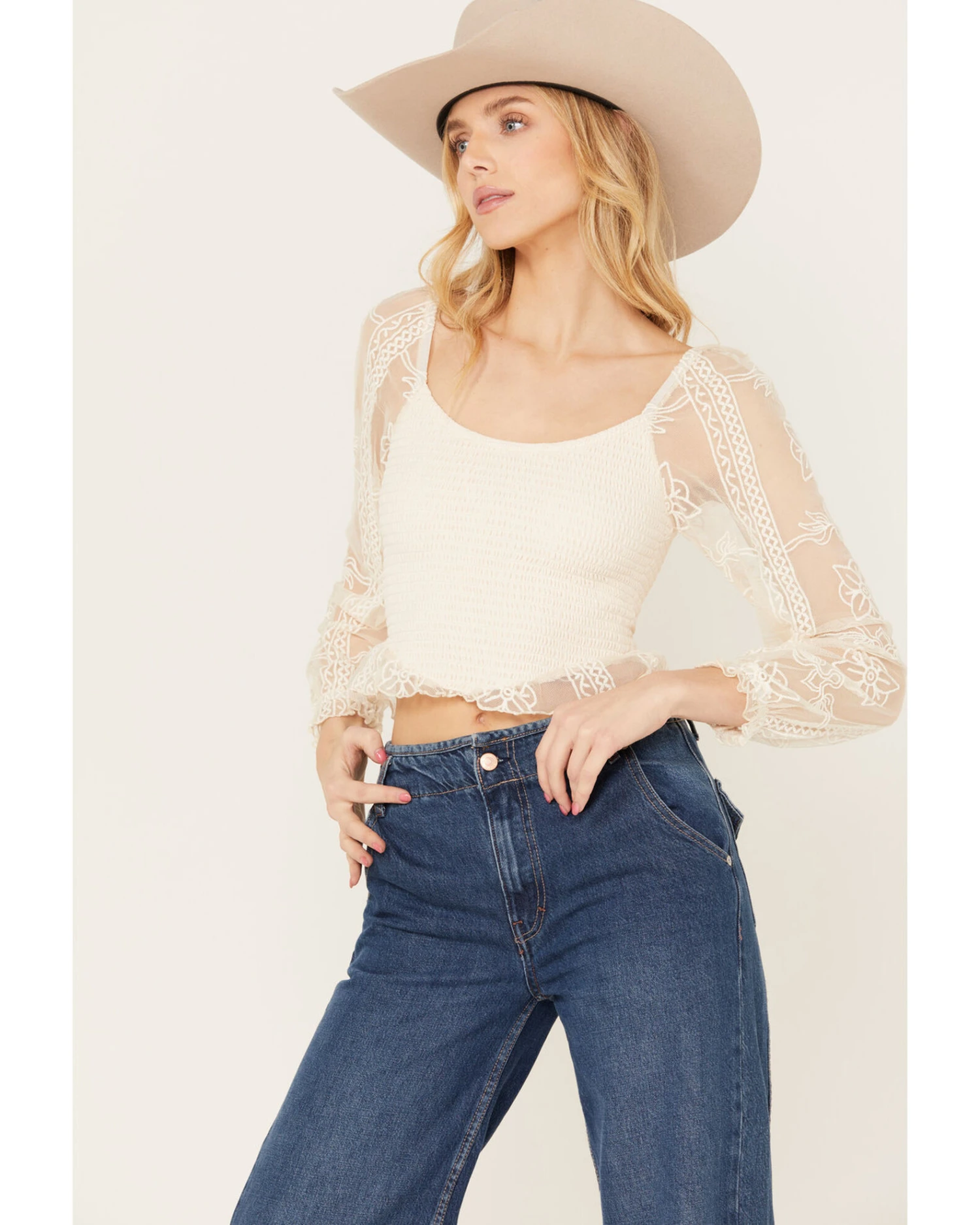 Jolt Women's Lace Smocked Long Sleeve Top 4 Jolt Women's Lace Smocked Long Sleeve Top - Image 2